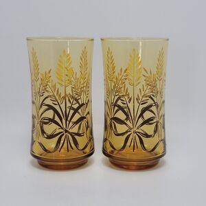 Vintage Libbey Wheat & Ribbon Design Vintage Amber Glass Print Tumbler Set of 2